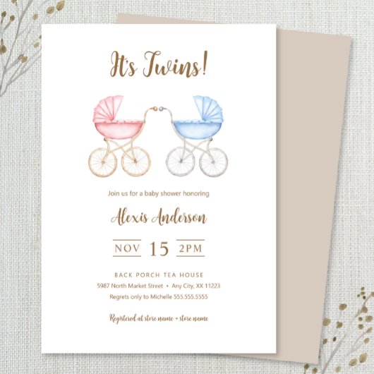Boy and Girl Twins Carriages Baby Shower Kaart