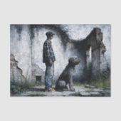 Boy and Loyal Dog in Ruins Blue Gray Decoupage Tissuepapier (Voorkant)