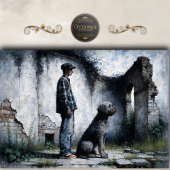 Boy and Loyal Dog in Ruins Blue Gray Decoupage Tissuepapier