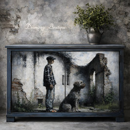 Boy and Loyal Dog in Ruins Blue Gray Decoupage Tissuepapier