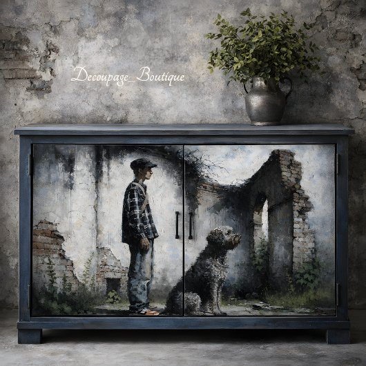 Boy and Loyal Dog in Ruins Blue Gray Decoupage Tissuepapier