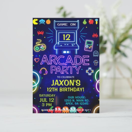 Boy Arcade verjaardagsfeestje, arcade gaming uitno Kaart (Staand voorkant)