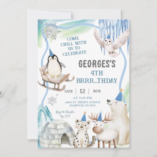Boy Arctic Animals Birthday Party Invitation Kaart (Voorkant)