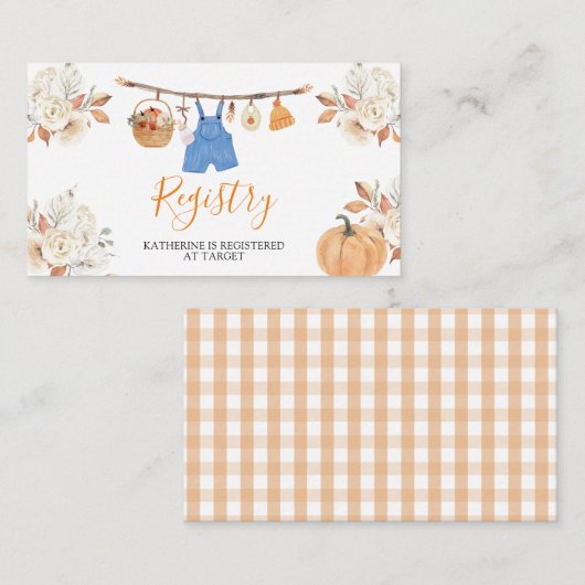 Boy Autumn Clothes Pumpkin Baby shower Registry Informatiekaartje (Voorkant / Achterkant)