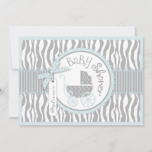 BOY Baby Carriage, Zebra Print & Blue Baby shower Kaart