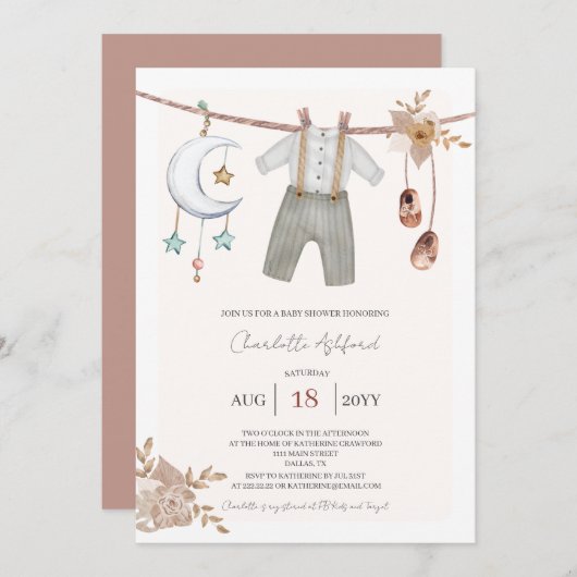 Boy Baby Clothes Boho Baby shower Invitation Kaart (Voorkant / Achterkant)