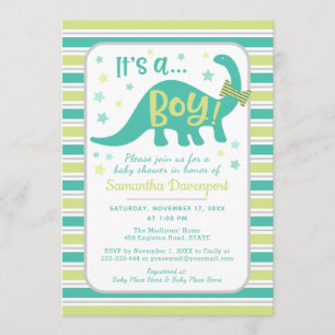 Boy Baby Dinosaur Mint Green Shower Invitation Kaart