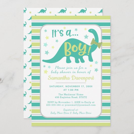 Boy Baby Dinosaur Mint Groene Douche Uitnodiging (Voorkant / Achterkant)