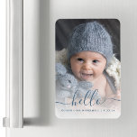 Boy Baby Hallo Photo Blue Magneet<br><div class="desc">Hallo Vier de komst van je nieuwe baby met deze flexibele magneet, met het woord "@" in een elegant blauw handschrift met swashes aan het begin en het einde. Personaliseer het met de naam en geboortedatum van de baby en vervang het afbeelding met je favoriete baby-foto. Een wit verloopfilter helpt...</div>