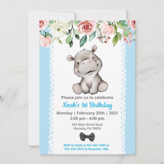 Boy Baby Hippo Birthday Party Invitation Kaart (Voorkant)