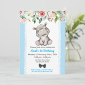 Boy Baby Hippo Birthday Party Invitation Kaart (Staand voorkant)