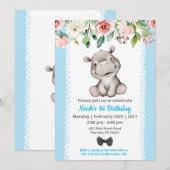 Boy Baby Hippo Birthday Party Invitation Kaart (Voorkant / Achterkant)