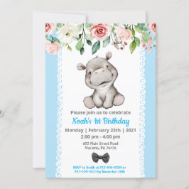 Boy Baby Hippo Birthday Party Invitation Kaart