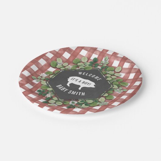 Boy Baby Q Botanische Gingham Baby shower Papieren Bordje (Gekanteld)