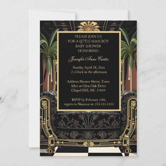 Boy Baby Shower 1920s Art deco Room black gold Kaart (Achterkant)