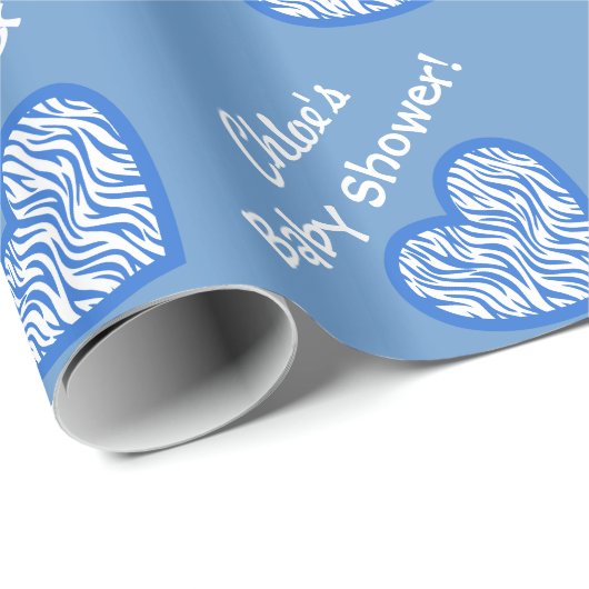 BOY Baby shower Aangepast Zebra Blauw hart 3 Cadeaupapier (Rol Hoek)
