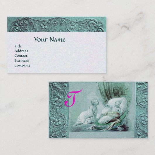 BOY BABY SHOWER ANTIEK BLAUWE MONOGRAM VISITEKAARTJE (Voorkant / Achterkant)