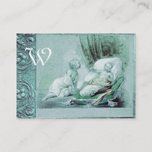 BOY BABY SHOWER ANTIEK BLAUWE MONOGRAM VISITEKAARTJE (Achterkant)