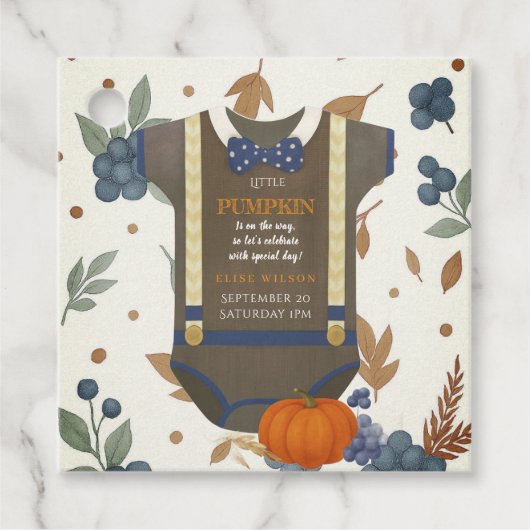 Boy baby shower Autum herfst Blue Burlap bodysuit Bedankjes Labels (Voorkant)