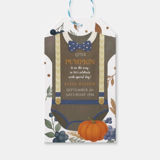 Boy baby shower Autum herfst Blue Burlap bodysuit Cadeaulabel (Voorkant)