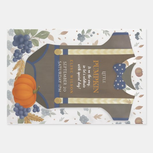 Boy baby shower Autum herfst Blue Burlap bodysuit Inpakpapier Vel (Voorkant)