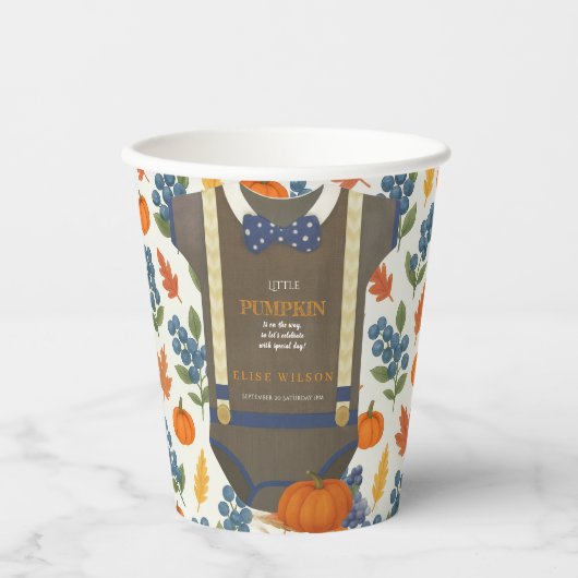 Boy baby shower Autum herfst Blue Burlap bodysuit Papieren Bekers (Voorkant)