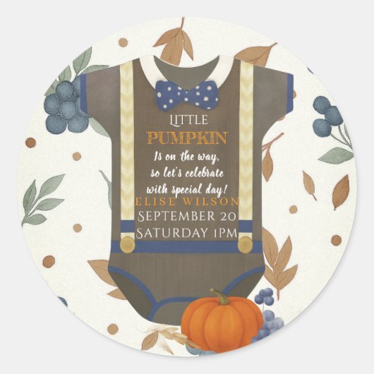 Boy baby shower Autum herfst Blue Burlap bodysuit Ronde Sticker (Voorkant)