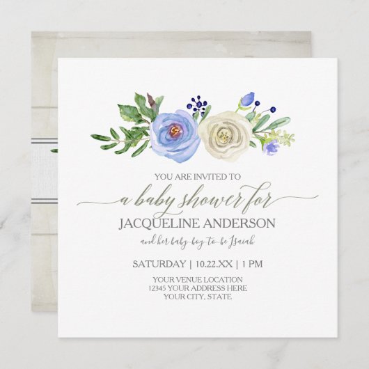 Boy Baby shower Blauw n Witte Rozen Rustiek Hout Kaart (Voorkant / Achterkant)