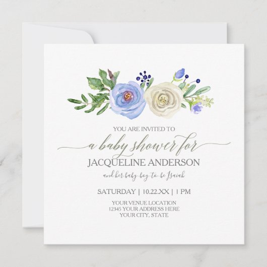 Boy Baby shower Blauw n Witte Rozen Rustiek Hout Kaart (Voorkant)