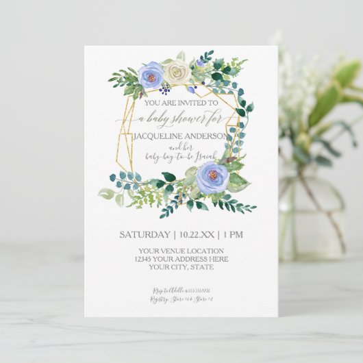 Boy Baby shower Blauw Witte Rozen Waterverf Krans Kaart (Staand voorkant)