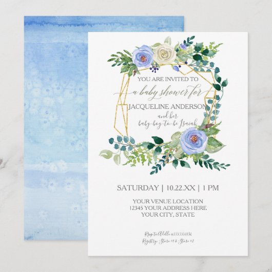 Boy Baby shower Blauw Witte Rozen Waterverf Krans Kaart (Voorkant / Achterkant)