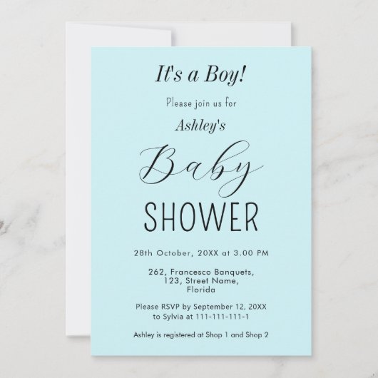 Boy Baby shower Blue Elegant Invitation Kaart (Voorkant)