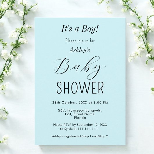 Boy Baby shower Blue Elegant Invitation Kaart