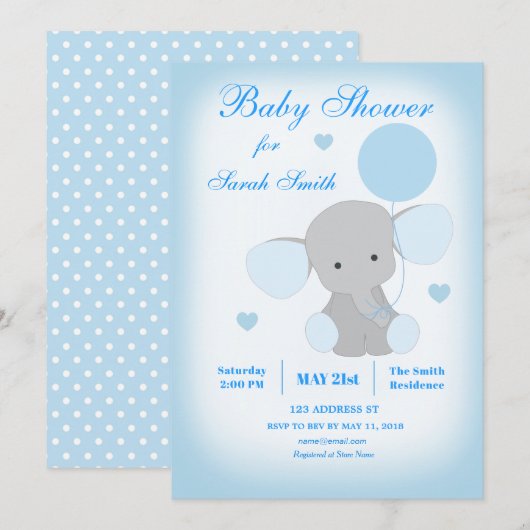 Boy Baby shower Blue Elephant Invitation Kaart (Voorkant / Achterkant)