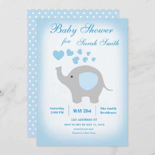 Boy Baby shower Blue Elephant Invitation Kaart (Voorkant / Achterkant)