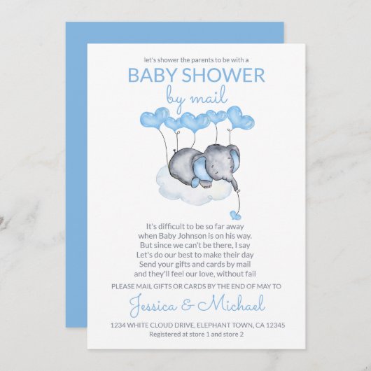 Boy Baby shower door Mail Blue Elephant op Cloud Kaart (Voorkant / Achterkant)