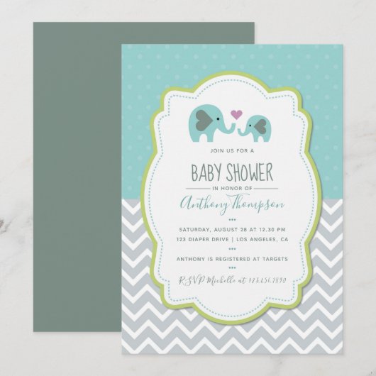 Boy Baby shower Elephants Uitnodiging (Voorkant / Achterkant)