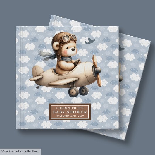 Boy Baby shower Gastboek Teddy Bear Pilot Theme Gastenboek
