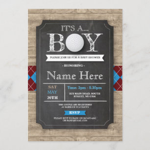 Boy Baby shower Golf Ball Argyle Chalk Invite Kaart