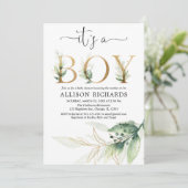 Boy baby shower groen gouden bladeren modern kaart (Staand voorkant)