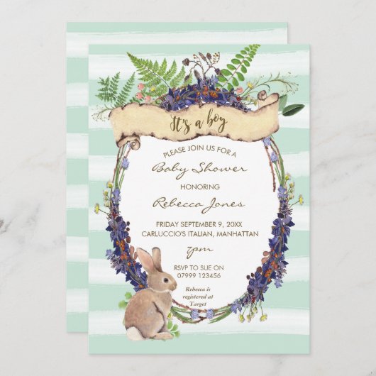 Boy baby shower Invitation Forest Rabbit Bunny Kaart (Voorkant / Achterkant)