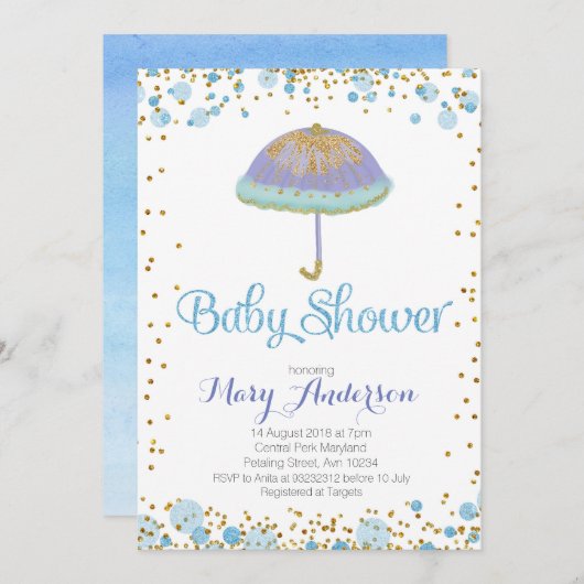 BOY Baby shower Invitation paraplu Kaart (Voorkant / Achterkant)