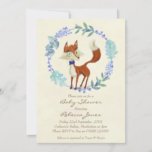 Boy baby shower Invitation Woodland Fox Blue Kaart (Voorkant)