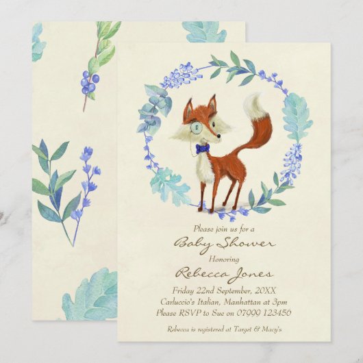 Boy baby shower Invitation Woodland Fox Blue Kaart (Voorkant / Achterkant)