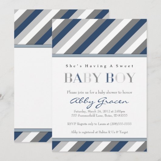 Boy Baby Shower Invitations, marine, grijs 875 Kaart (Voorkant / Achterkant)
