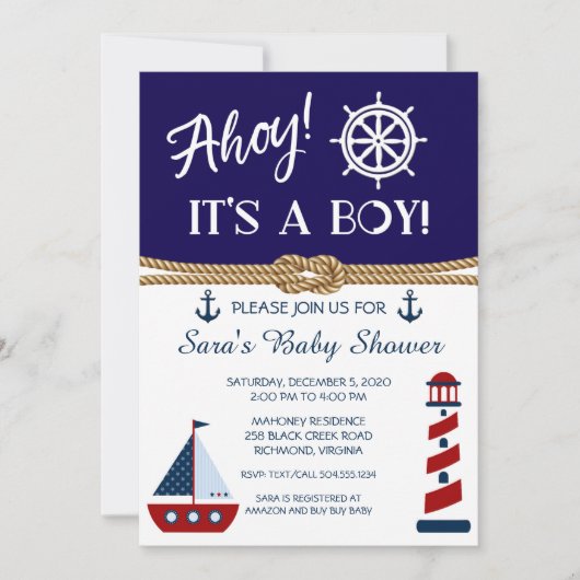 Boy Baby Shower Invitations, Nautical Shower Kaart (Voorkant)
