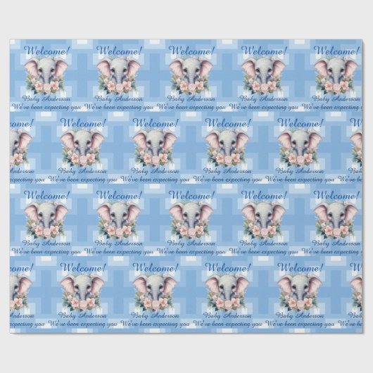 Boy Baby shower of pasgeboren olifant Naam toevoeg Cadeaupapier (Vlak)
