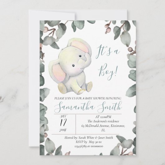 Boy Baby shower Olifanten Eucalyptus Bladeren Kaart (Voorkant)