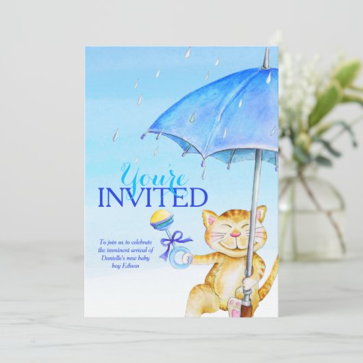 Boy baby shower paraplu grillige kattenuitnodiging kaart (Staand voorkant)