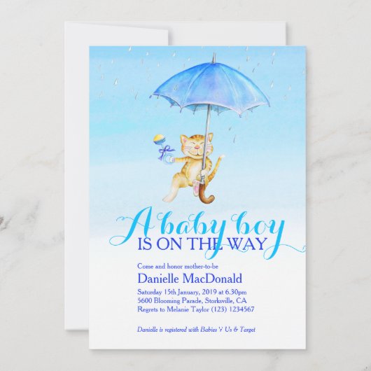 Boy baby shower paraplu grillige kattenuitnodiging kaart (Achterkant)